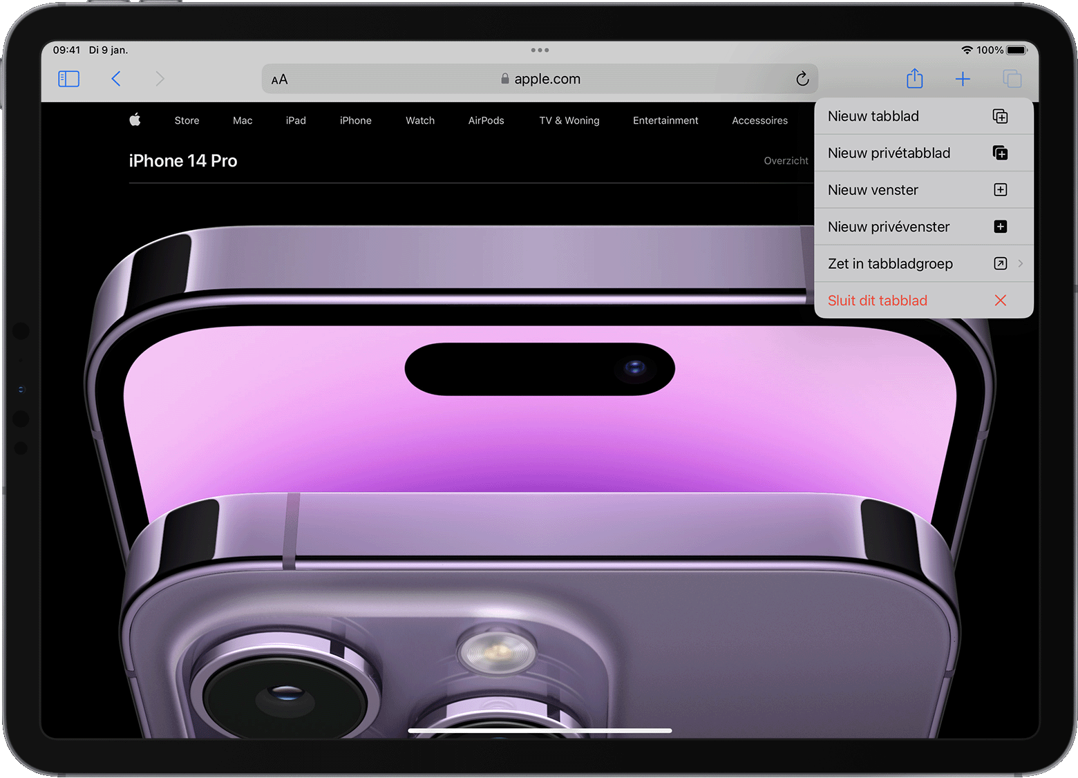 iPad met Safari-menu voor tabbladopties