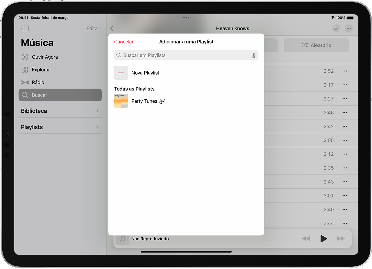 iPad mostrando uma música sendo adicionada a uma playlist existente