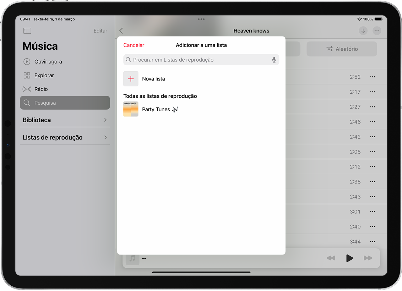 iPad a mostrar o processo de adicionar uma música a uma lista de reprodução existente