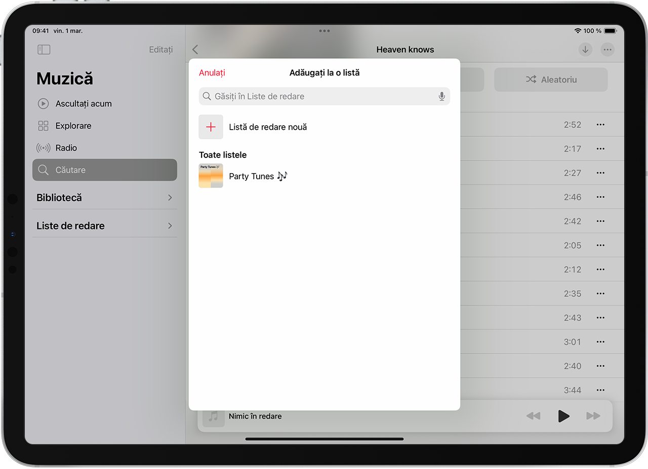 Un iPad afișând adăugarea de melodii la o listă de redare existentă