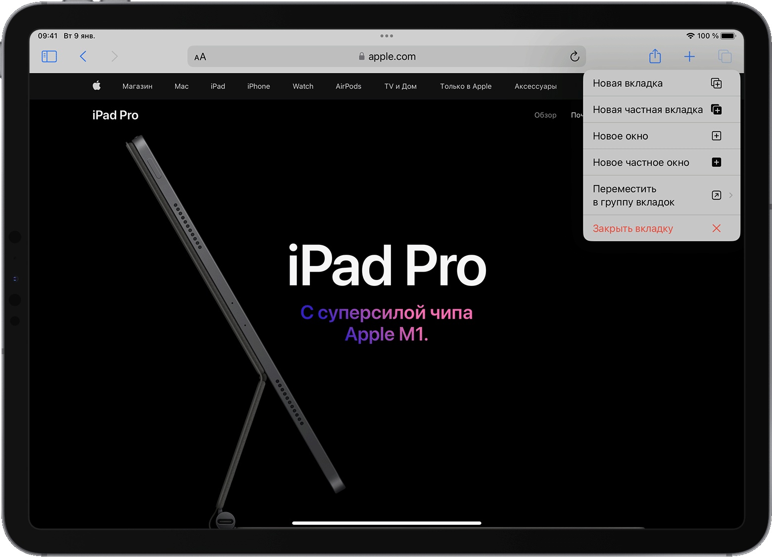 iPad с открытым меню настроек вкладки браузера Safari