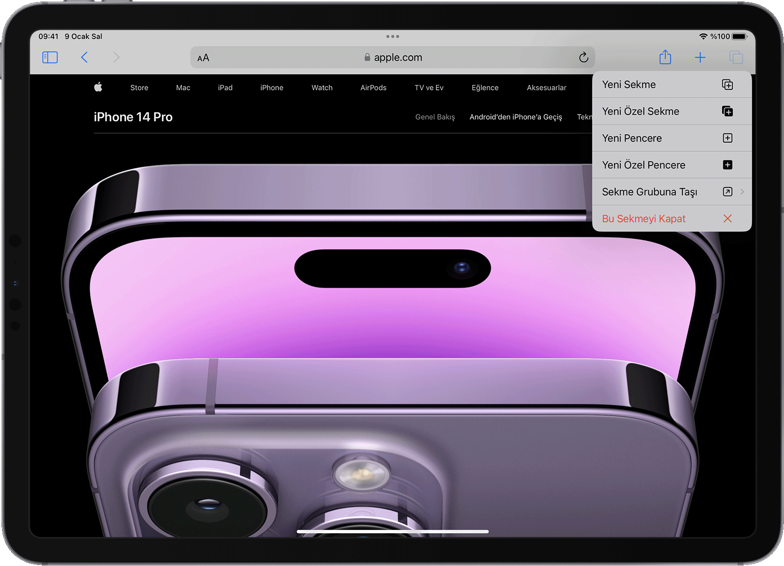 Safari sekme seçenekleri menüsünün açık olduğu bir iPad