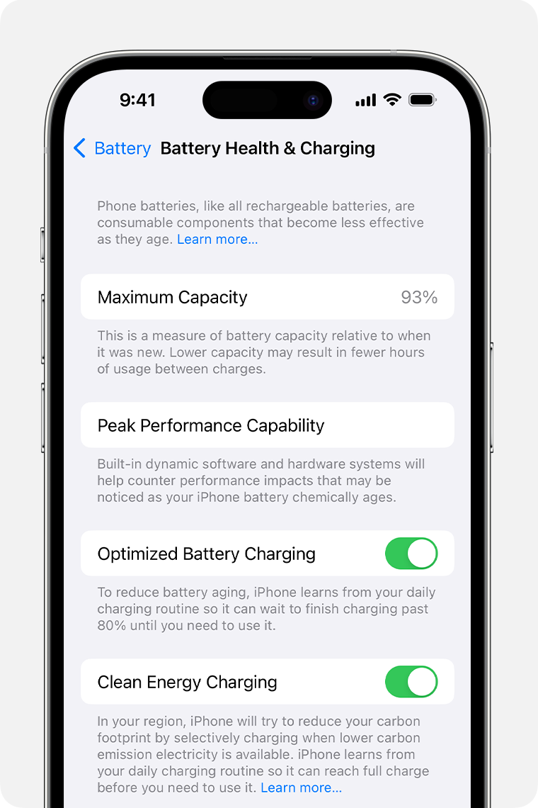 Screenshot of Battery Health settings