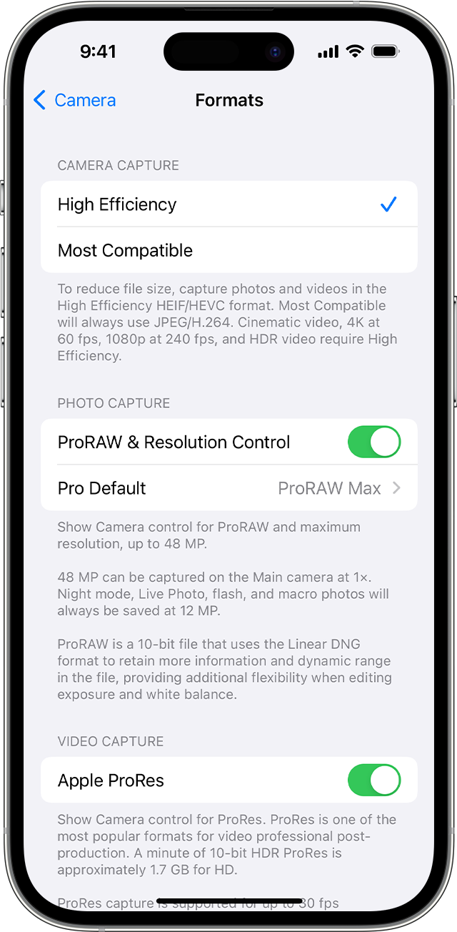 An iPhone showing settings for Camera Formats