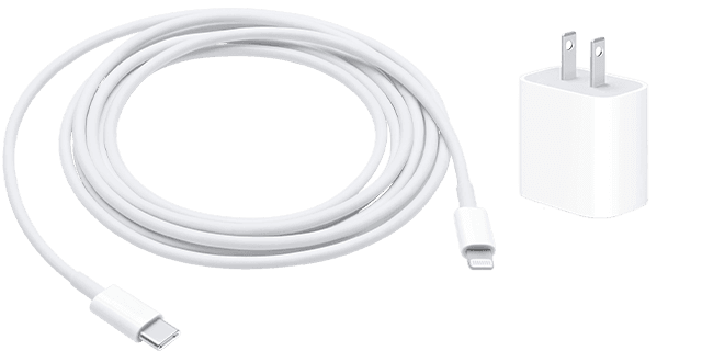 Image of a lightning to USB cable and a USB-C wall adapter