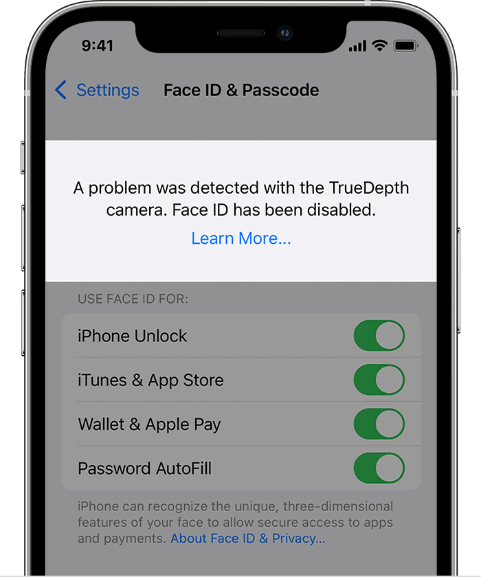 An iPhone shows the Settings > Face ID & Passcode screen with an alert at the top that says, "A problem was detected with the TrueDepth Camera. Face ID has been disabled."