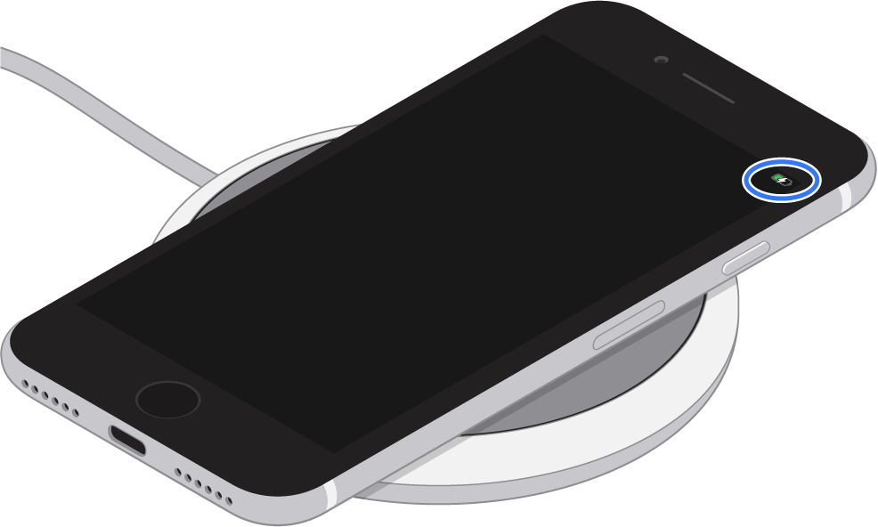 iPhone on a wireless charger with the Charging icon on-screen.