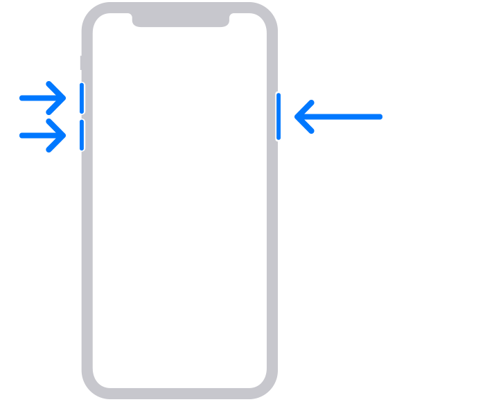 رسم متحرك لـ iPhone عليه سهم يشير إلى زر رفع مستوى الصوت، ثم سهم يشير إلى زر خفض مستوى الصوت، ثم سهم يشير إلى الزر الجانبي.
