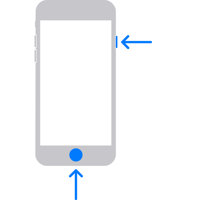 An iPhone with arrows pointing to the Home button and the top (or side) button