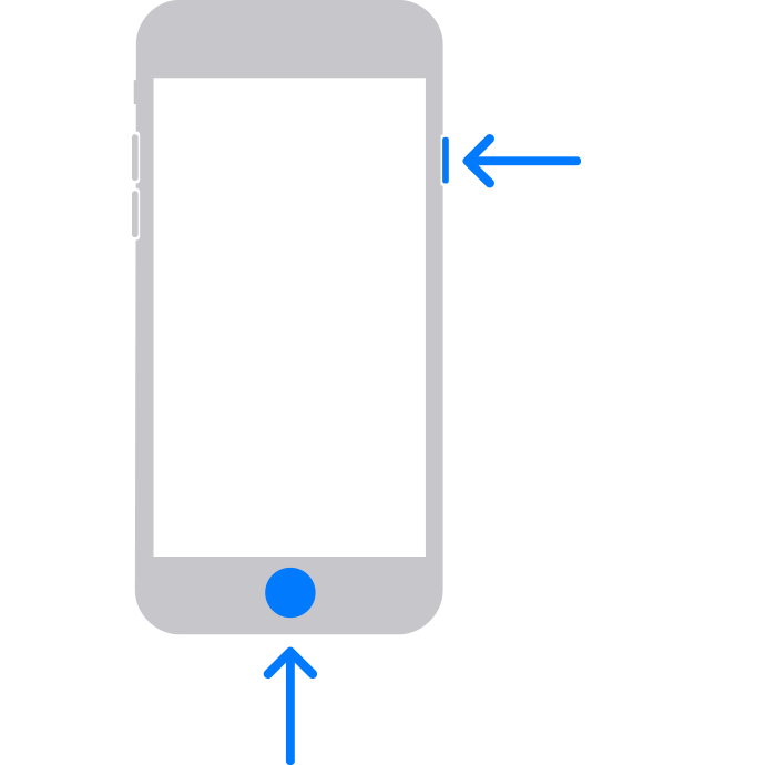 An iPhone with arrows pointing to the Home Button and the Top (or Side) Button