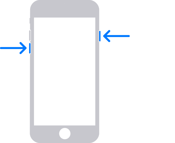 iPhone عليه سهم يشير إلى زر خفض مستوى الصوت وسهم يشير إلى الزر العلوي (أو الجانبي)