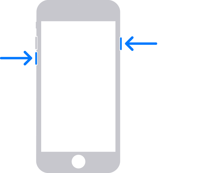 An iPhone with arrows pointing to the Volume Down button and the Top (or Side) Button