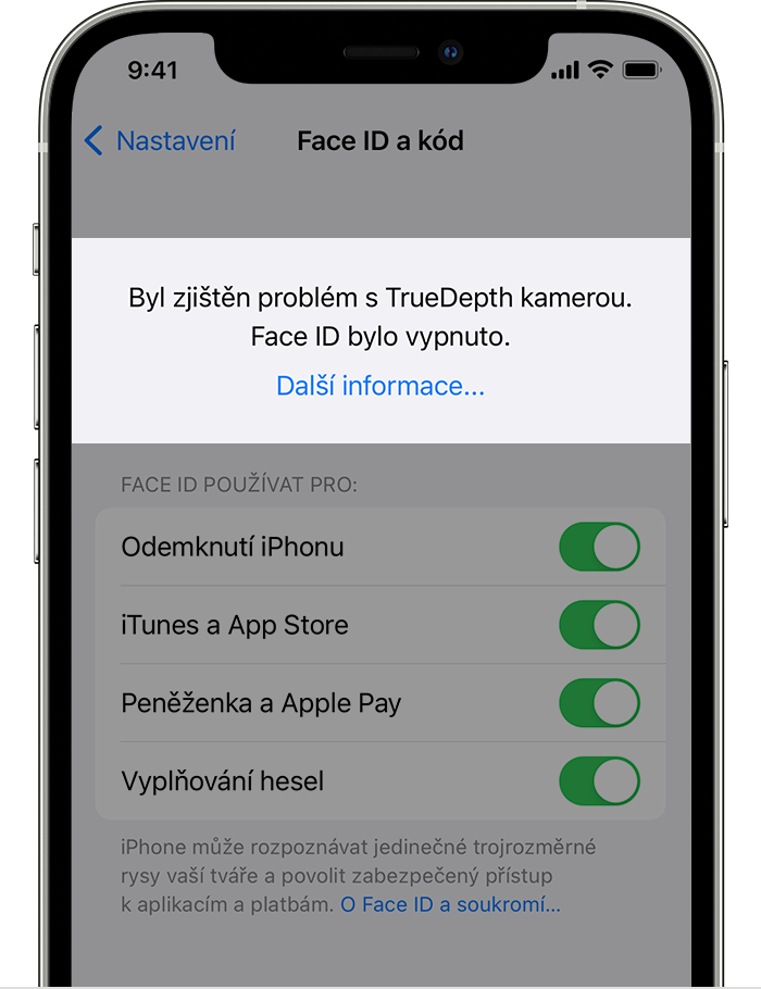 iPhone ukazující obrazovku Nastavení > Face ID a heslo, v horní části s upozorněním „Byl zjištěn problém s TrueDepth kamerou. Face ID bylo vypnuto.“