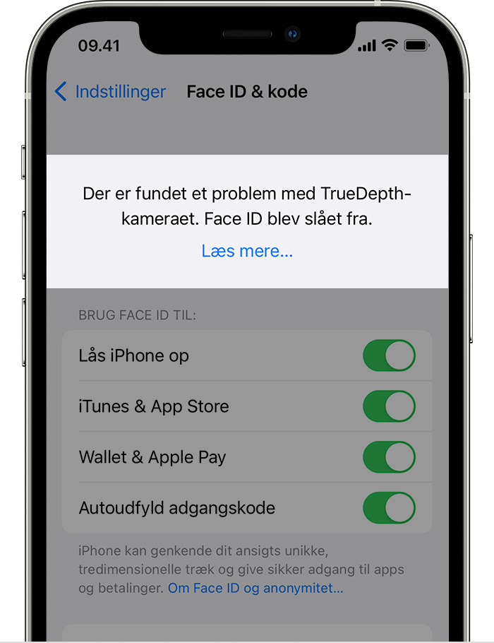 En iPhone viser skærmbilledet Indstillinger > Face ID & kode med en advarsel foroven med teksten: "Der er fundet et problem med TrueDepth-kameraet. Face ID blev slået fra."