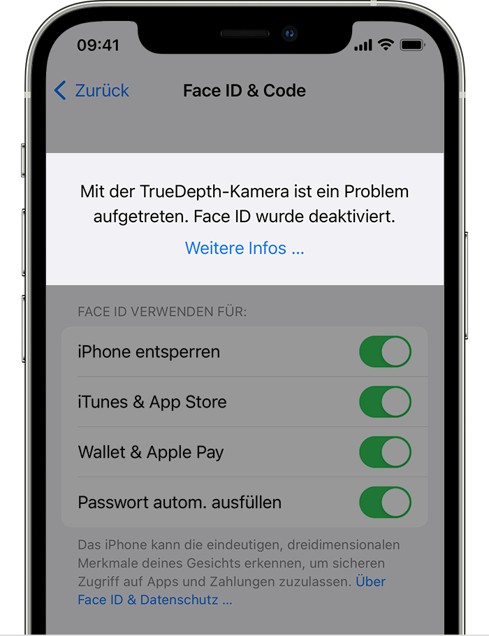 iPhone mit dem Bildschirm „Einstellungen“ > „Face ID & Code“ und folgendem Warnhinweis: „Mit der TrueDepth-Kamera ist ein Problem aufgetreten. Face ID wurde deaktiviert.“