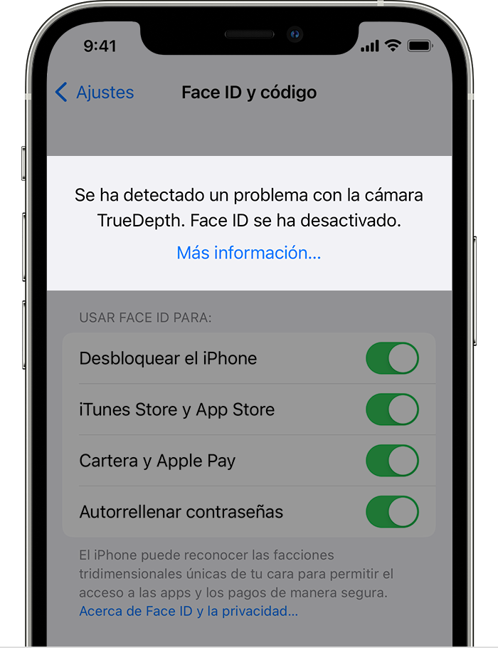 iPhone con la pantalla Ajustes > Face ID y código, con un aviso en la parte superior que indica: “Se ha detectado un problema con la cámara TrueDepth. Face ID se ha desactivado”.