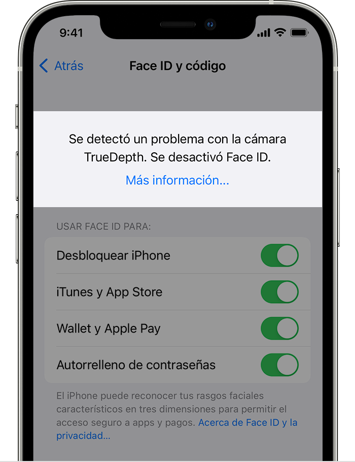 Un iPhone en el que se muestra la pantalla Configuración > Face ID y código con una alerta en la parte superior que dice lo siguiente: “Se detectó un problema con la cámara TrueDepth. Se desactivó Face ID”.