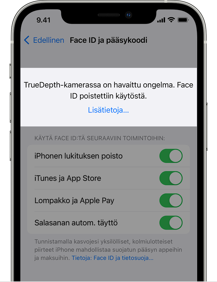 iPhone, jossa näkyy Asetukset > Face ID ja pääsykoodi -näyttö. Näytön yläosassa on ilmoitus ”TrueDepth-kamerassa on havaittu ongelma. Face ID poistettiin käytöstä.”