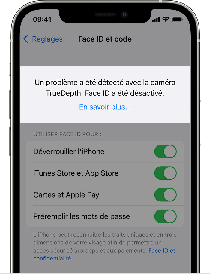 Un iPhone affiche l’écran Réglages > Face ID et code, avec une alerte en haut indiquant : « Un problème a été détecté avec la caméra TrueDepth. Face ID a été désactivé. »