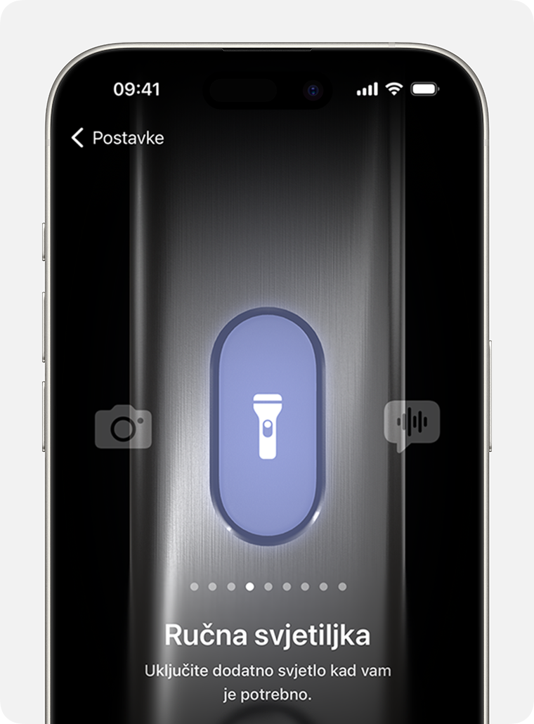 Na iPhone 15 Pro i iPhone 15 Pro Max uređajima tipki postupka možete dodijeliti stavke kao što je ručna svjetiljka.