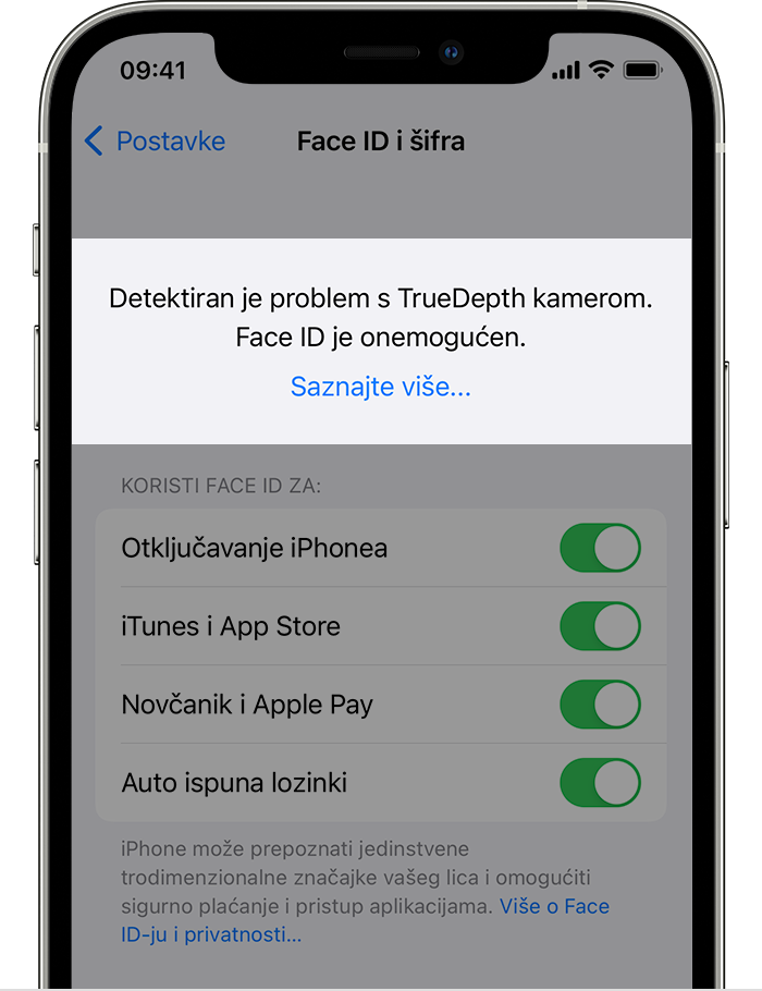 iPhone s prikazanim zaslonom Postavke > Face ID i šifra te upozorenjem pri vrhu s porukom „Otkriven je problem s TrueDepth kamerom. Face ID je onemogućen.”