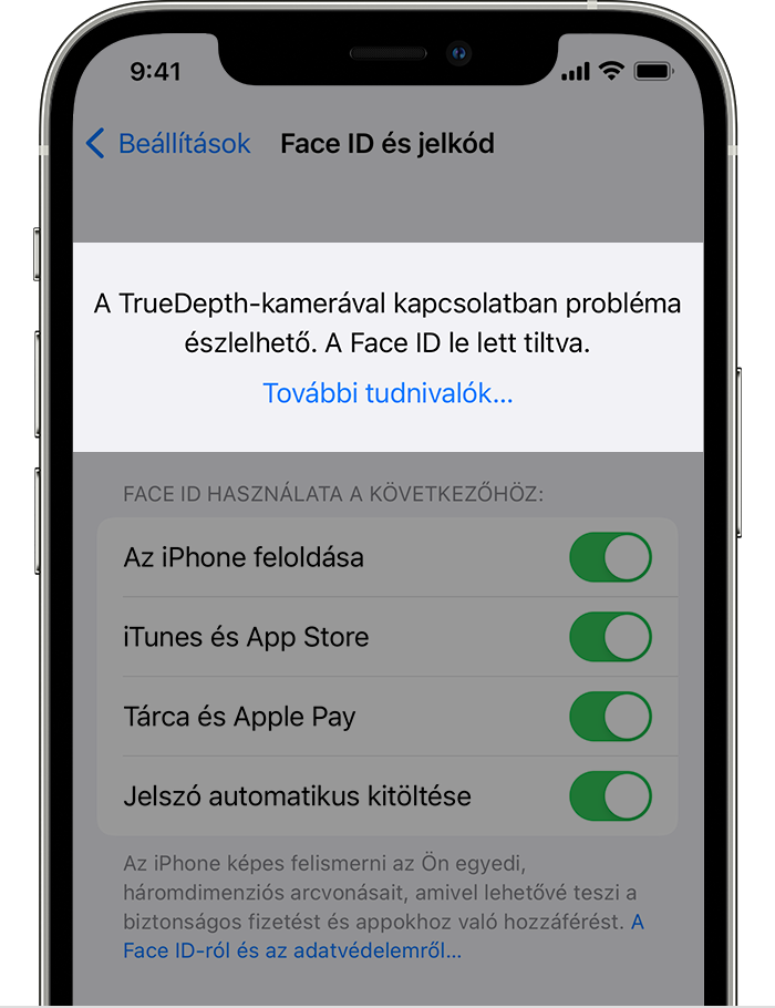 Egy iPhone képernyője, amelyen a Beállítások > Face ID és jelkód menüpont látható, felül pedig a következő figyelmeztetés olvasható: „TrueDepth kamerával kapcsolatban probléma észlelhető. A Face ID le lett tiltva.”