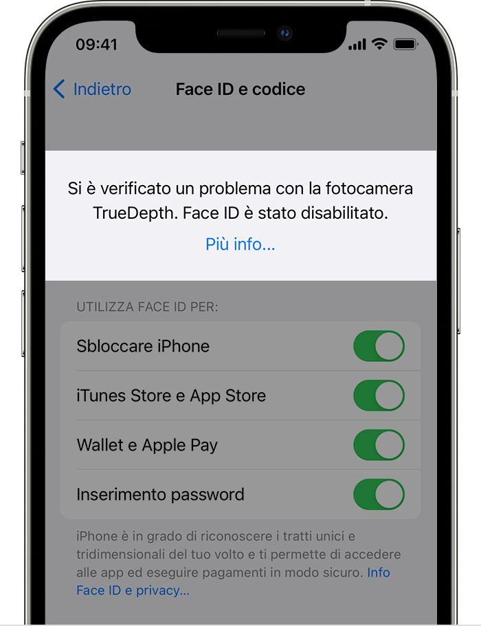 iPhone che mostra la schermata Impostazioni > Face ID e codice con in alto l'avviso “Si è verificato un problema con la fotocamera TrueDepth. Face ID è stato disabilitato.”