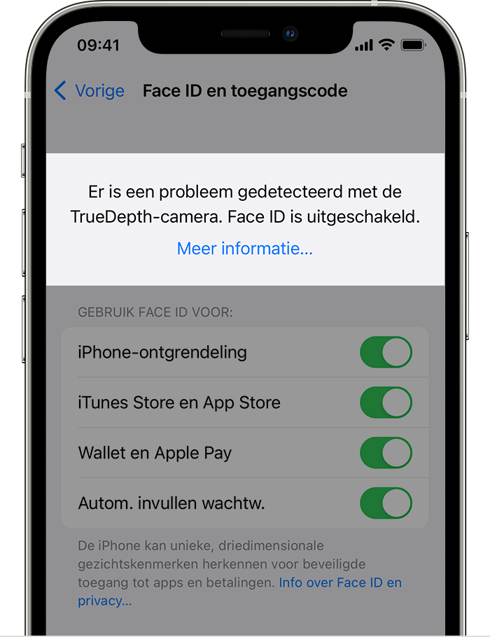 Een iPhone met het scherm 'Instellingen' > 'Face ID en toegangscode' met bovenaan de waarschuwing: 'Er is een probleem gedetecteerd met de TrueDepth-camera. Face ID is uitgeschakeld.'