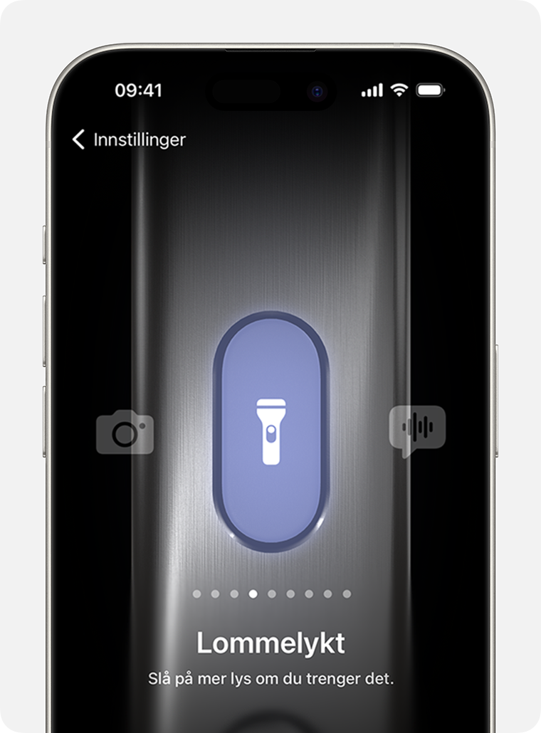 På iPhone 15 Pro og iPhone 15 Pro Max kan du tilordne funksjoner som lommelykten til handlingsknappen.