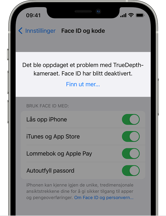 En iPhone som viser Innstillinger > Face ID og kode-skjermen med et varsel øverst med teksten «Det ble oppdaget et problem med TrueDepth-kameraet. Face ID har blitt deaktivert.»