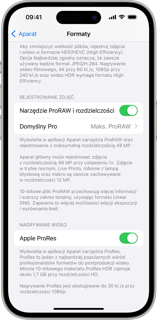 iPhone z wyświetlonymi ustawieniami formatów dla aplikacji Aparat