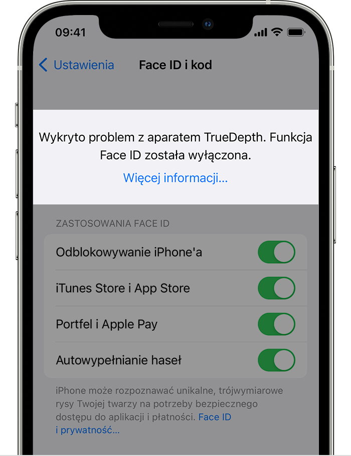iPhone wyświetlający ekran Ustawienia > Face ID i kod z komunikatem o treści „Wykryto problem z aparatem TrueDepth. Funkcja Face ID została wyłączona”.