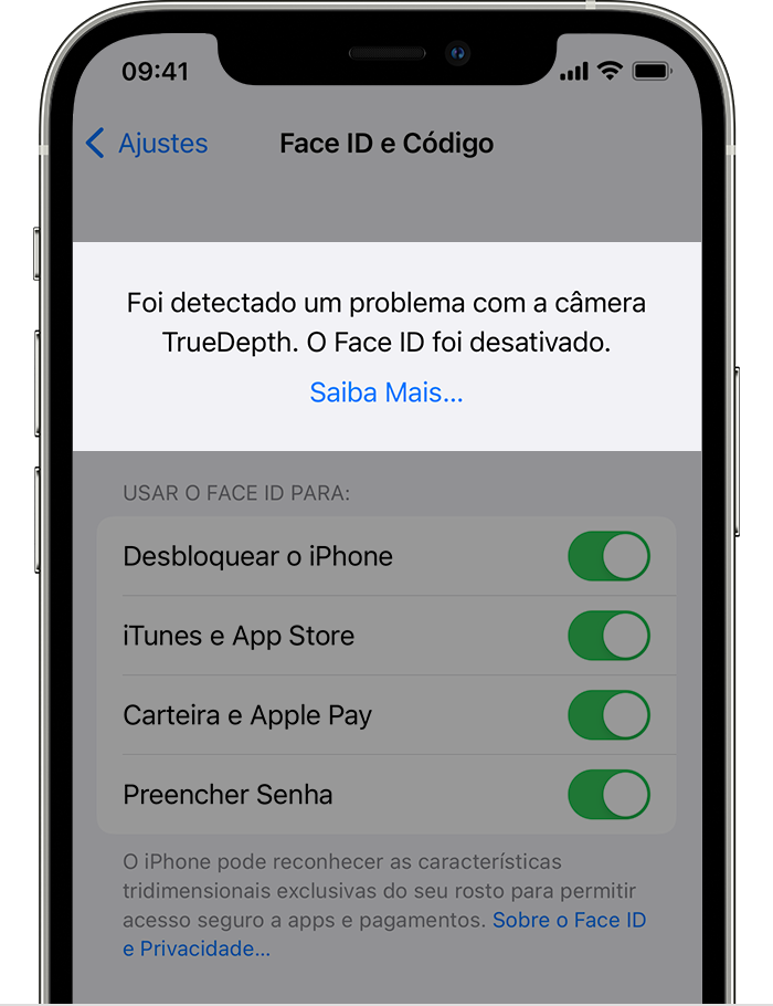 Um iPhone mostra a tela Ajustes > Face ID e Código com um alerta na parte superior com a mensagem: "Foi detectado um problema com a câmera TrueDepth. O Face ID foi desativado."