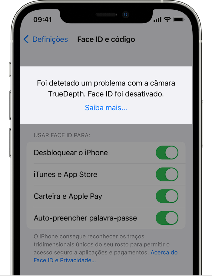 Um iPhone a mostrar o ecrã Definições > Face ID e código, com um aviso na parte superior a informar: "Foi detetado um problema com a câmara TrueDepth. Face ID foi desativado."