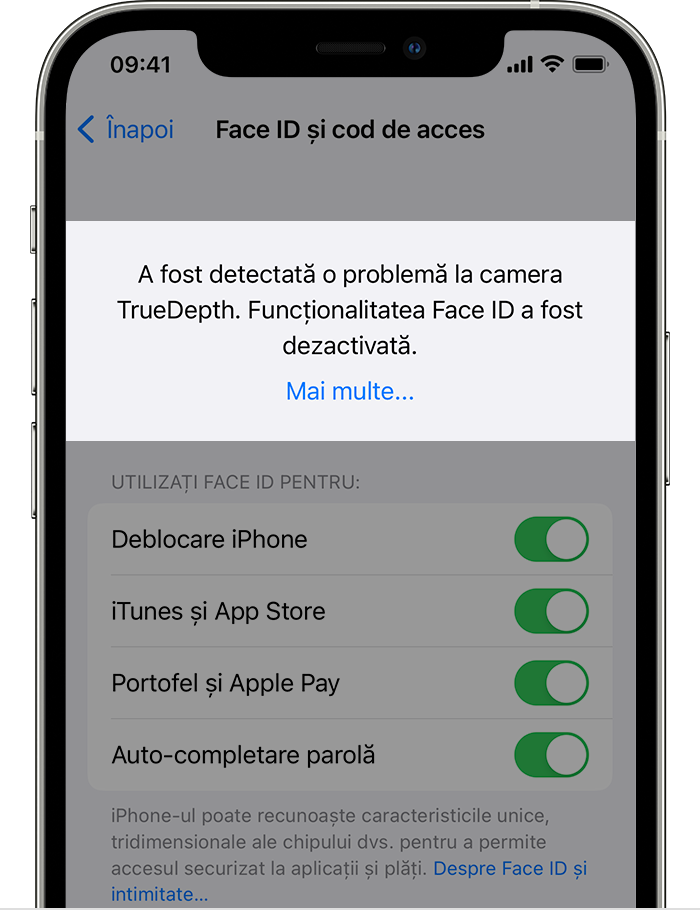 Un iPhone afișând ecranul Configurări > Face ID și Cod de acces cu o alertă în partea de sus, cu textul „A fost detectată o problemă la camera TrueDepth. Funcționalitatea Face ID a fost dezactivată.”