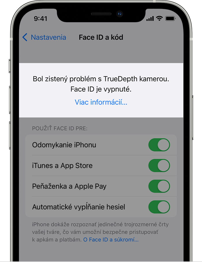 iPhone so zobrazenou obrazovkou Nastavenia > Face ID a kód s upozornením v hornej časti: „Bol zistený problém s TrueDepth kamerou. Face ID je vypnuté.“