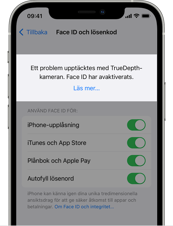 En iPhone som visar skärmen Inställningar &; Face ID och lösenkod med följande avisering längst upp: ”Ett problem upptäcktes med TrueDepth-kameran. Face ID har inaktiverats.”