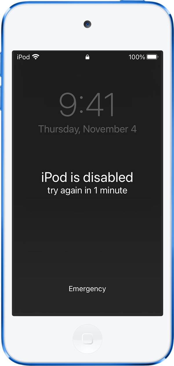 Ein iPod touch, auf dem die Meldung angezeigt wird, dass der iPod deaktiviert ist
