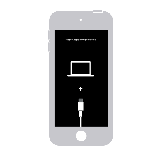Un iPod touch en el que se muestra la pantalla del modo de recuperación