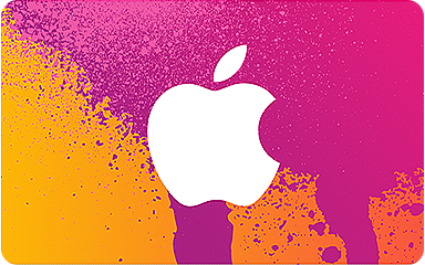 La parte anteriore di una carta regalo iTunes Store. È rosa, giallo e arancione con un logo Apple bianco.