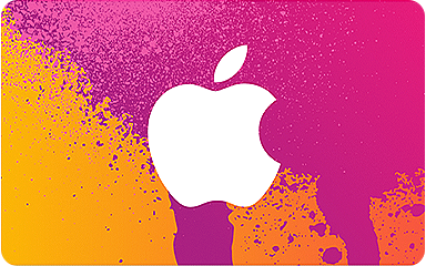 Bir iTunes Store Hediye Kartının ön yüzü. Pembe, sarı ve turuncu zemin üzerinde beyaz Apple logosu bulunur.