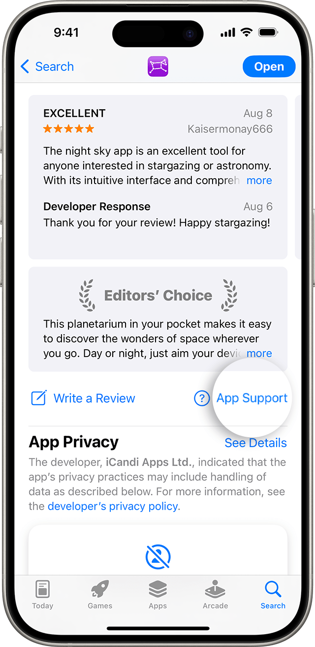 В App Store на iPhone можете да намерите бутона App Support (Поддръжка на приложения) под отзивите.