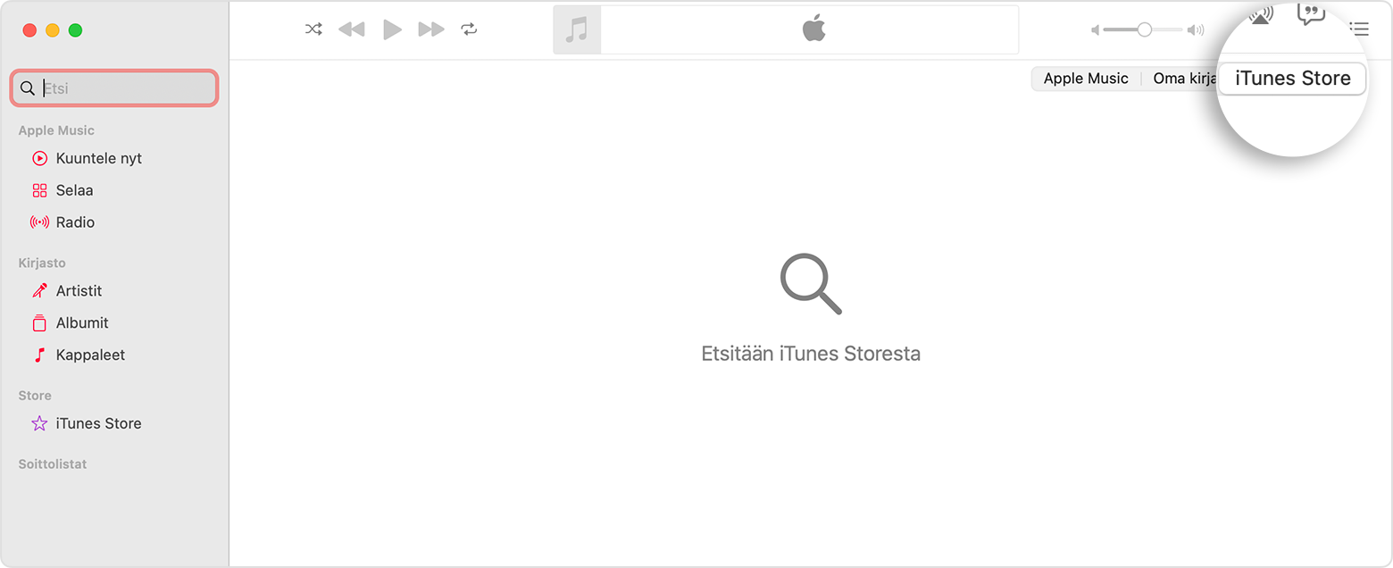 Apple Music -appi, jossa näkyy haku iTunes Storesta