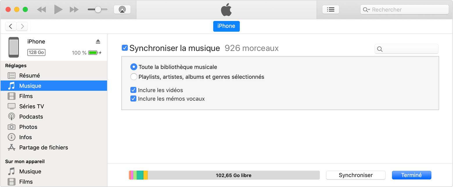 iTunes peut afficher un résumé de tous les fichiers multimédias stockés sur l’appareil connecté.