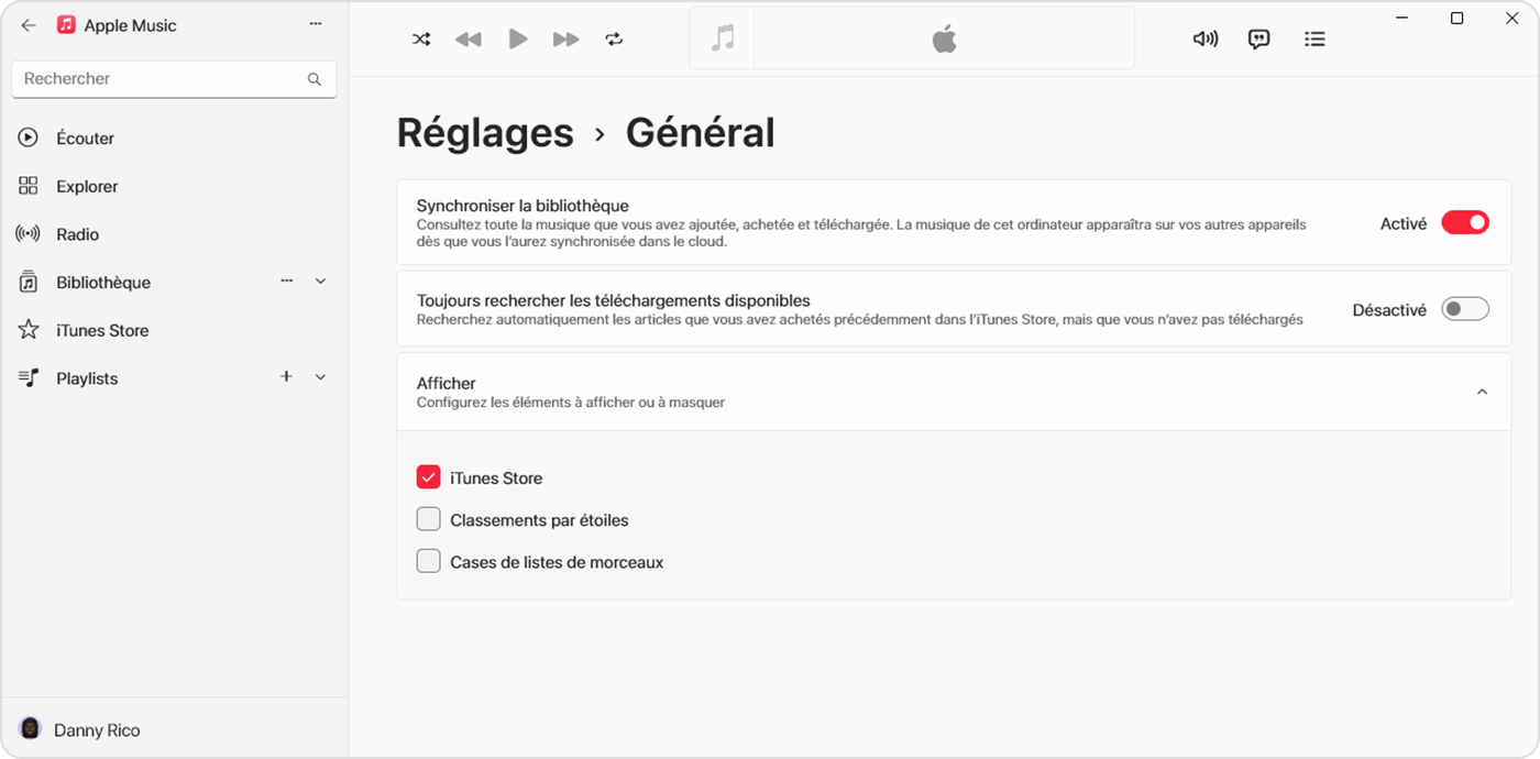 App Apple Music pour Windows présentant le réglage Synchroniser la bibliothèque activé sous Réglages > Général 