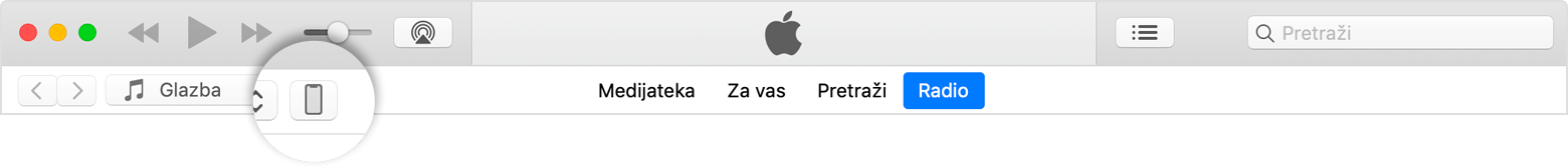 Traka izbornika u aplikaciji iTunes s odabranom ikonom iPhone uređaja.