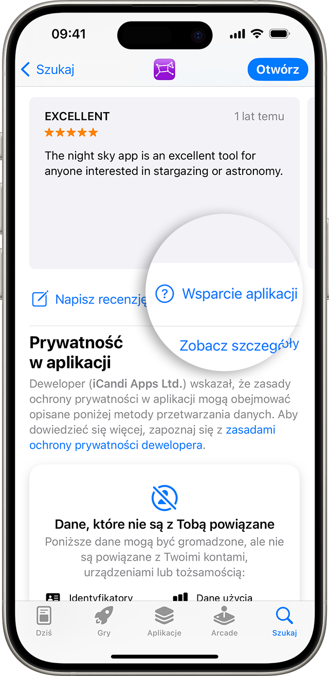 W aplikacji App Store na iPhonie przycisk Wsparcie aplikacji jest dostępny pod recenzjami.