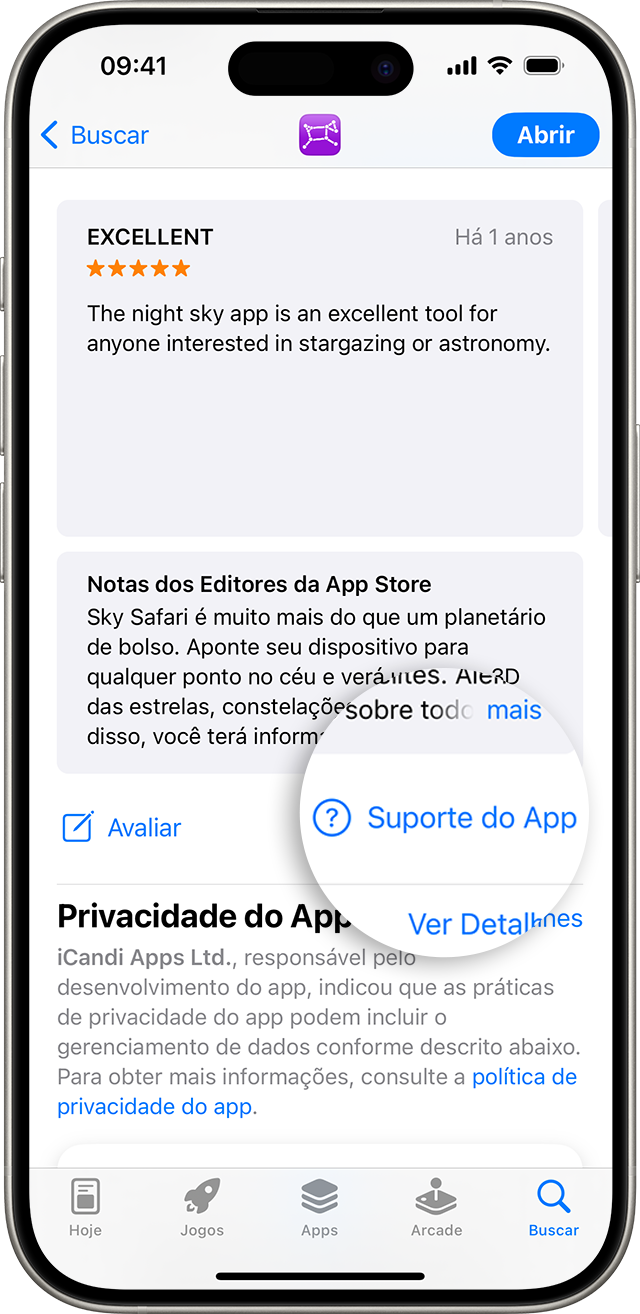 Na App Store do iPhone, o botão "Suporte do App" está abaixo das avaliações.