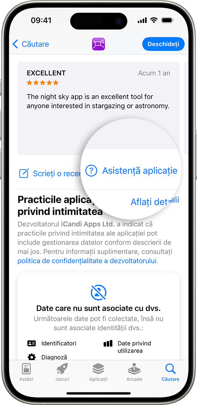 În App Store pe iPhone, poți găsi butonul Asistență aplicație sub recenzii.