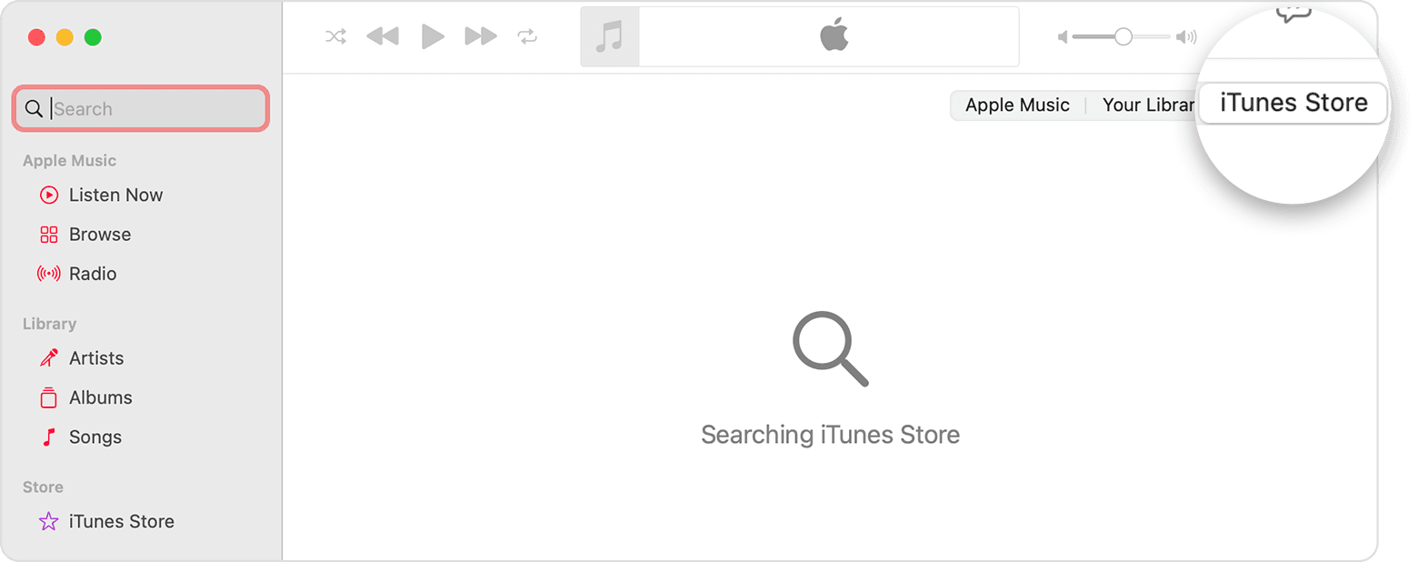 iTunes Store 검색 중이 표시되어 있는 Apple Music 앱